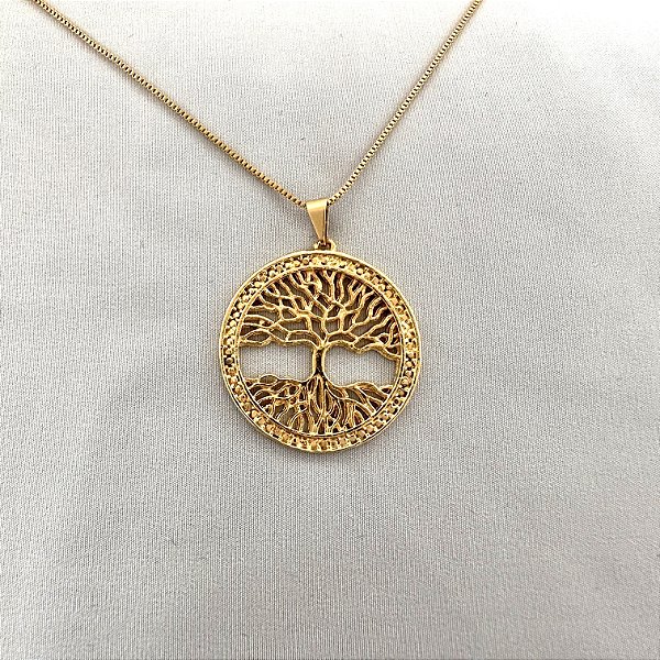 Colar Mandala Arvore Da Vida Folheado A Ouro 18k