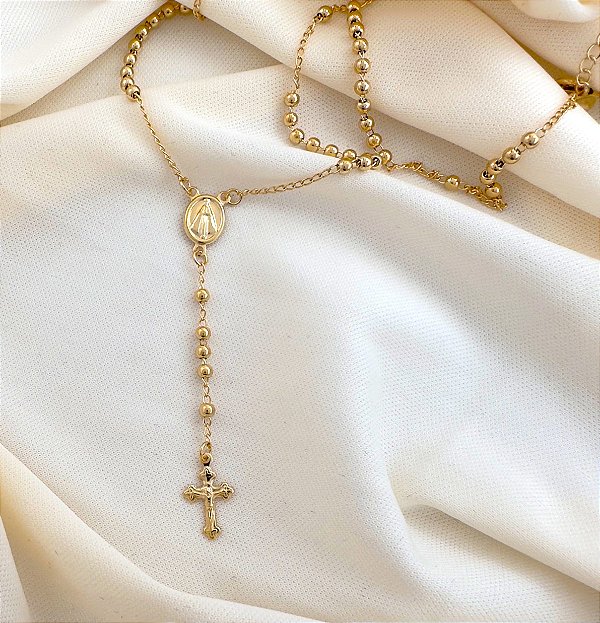 Colar Corrente Terço Pescoço 50cm Crucifixo Folheado A Ouro 18k