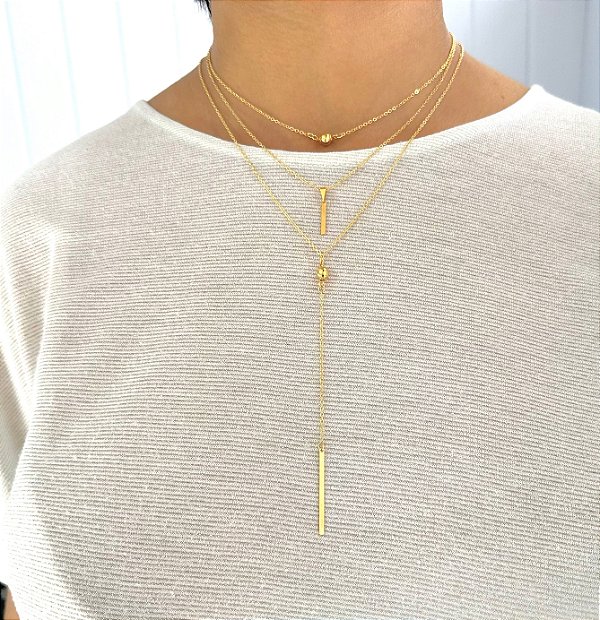 Colar Triplo Chapa Palito Bolinha Folheado Ouro 18k