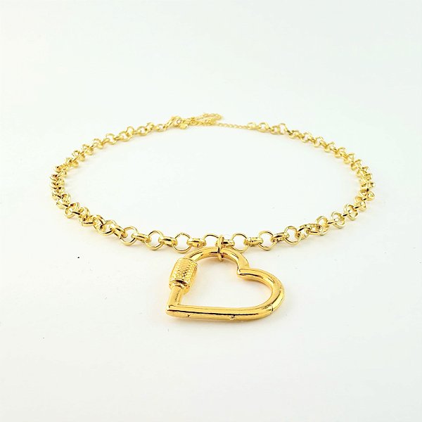 Colar Choker Elo Português e Coração Folheado em Ouro 18k