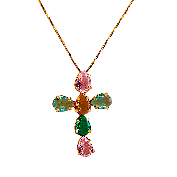 Colar Cruz Pedraria Folheado A Ouro 18k