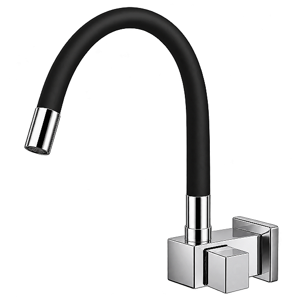 Torneira Cozinha Parede Quadrada Bica Flexível Preta C88