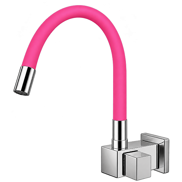 Torneira Cozinha Parede Quadrada Bica Flexível Rosa C88