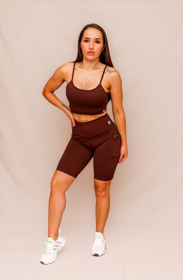 Conjunto Bermuda Bolso + Top Decote Alça Confort - Coffe