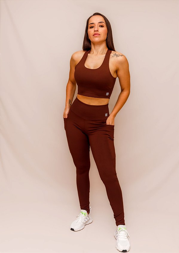 Conjunto Legging Bolso + Top Decote U Confort - Coffe
