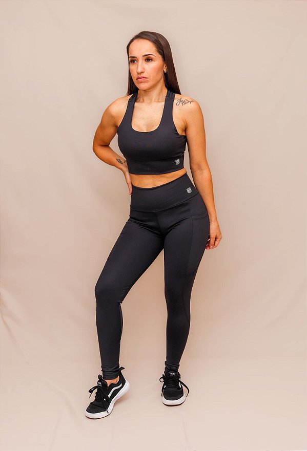 Conjunto Legging Bolso + Top Decote U Confort - Preto