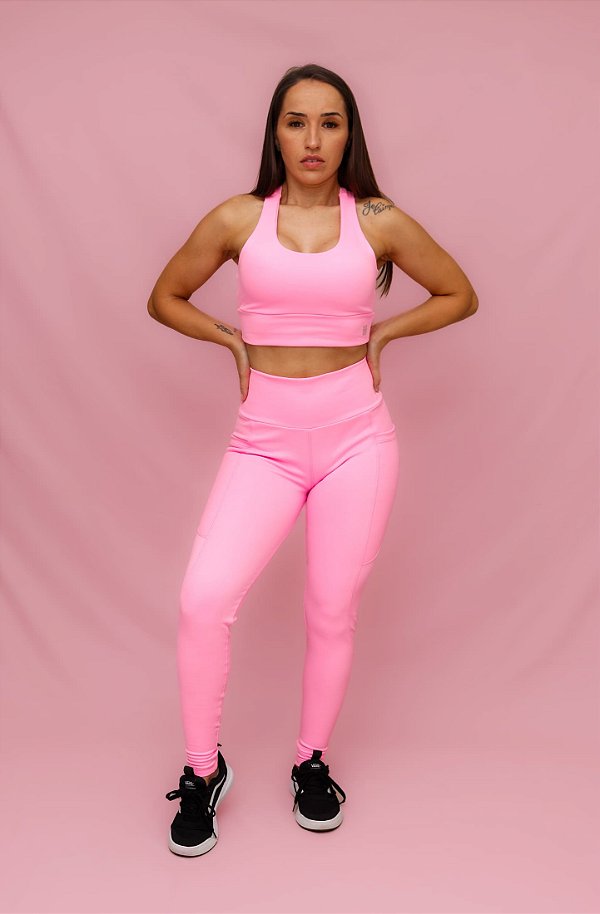 Conjunto Legging Bolso + Top Decote U Confort - Rosa Chiclete