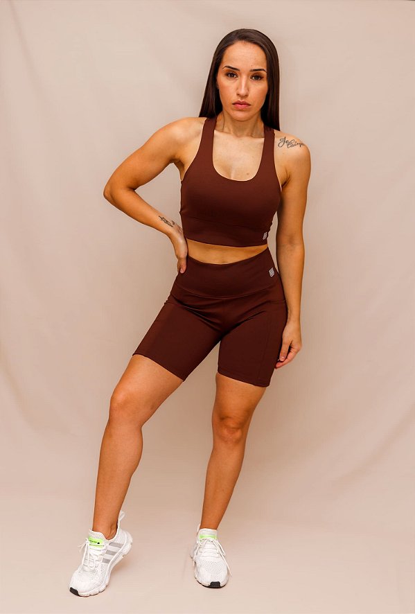 Conjunto Shorts Bolso + Top Decote U Confort - Coffe