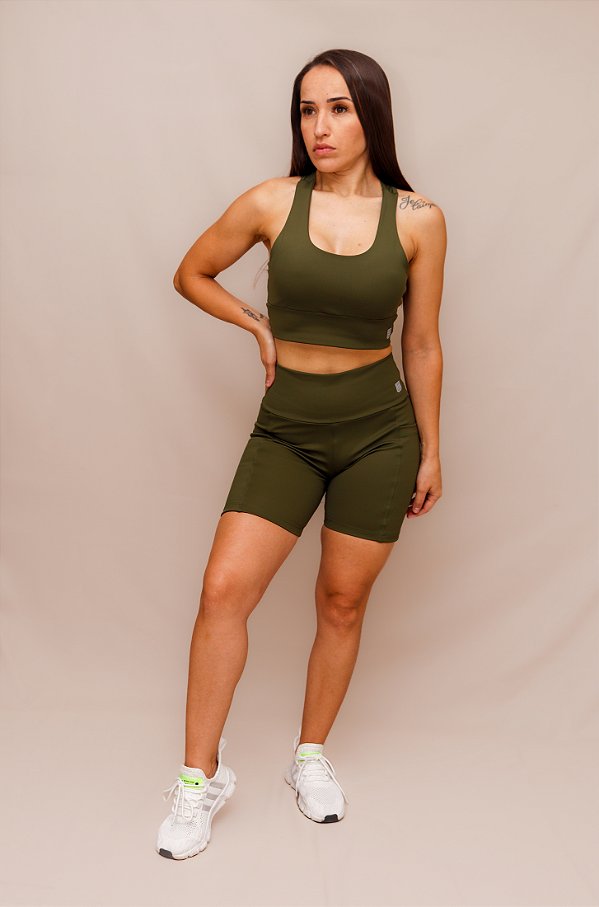 Conjunto Shorts Bolso + Top Decote U Confort - Exercito