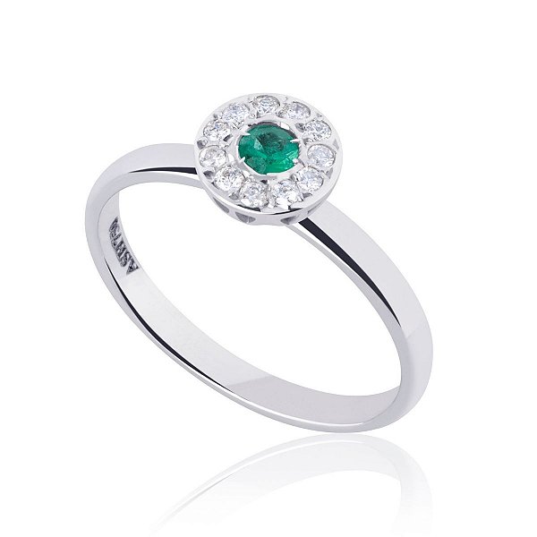Anel Esmeralda e Brilhantes em Ouro Branco 18K