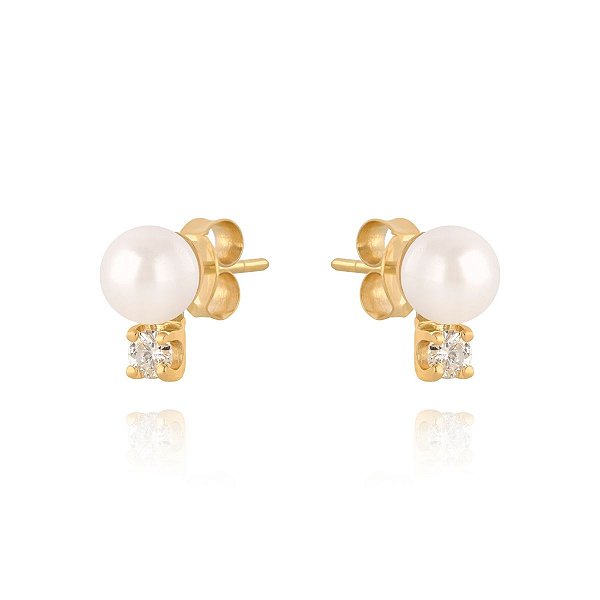 Brinco Pérola e Brilhante em Ouro 18K