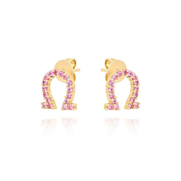 Brincos Ferradura com Safiras Rosas em Ouro 18K