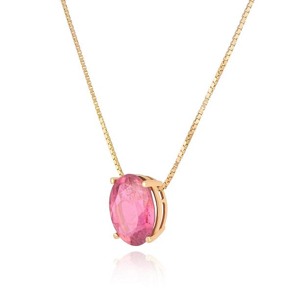 Colar com Pingente Fixo de Turmalina Rosa em Ouro 18K