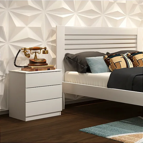 Mesa de Cabeceira 3 Gavetas 45cm Veronna Neve/Branco