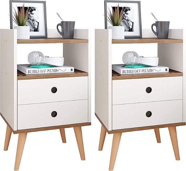 Conjunto Mesa de Cabeceira Kit Mesinha Canto Quarto Lateral Cama 2 Gavetas Organizadoras Retrô Quarto