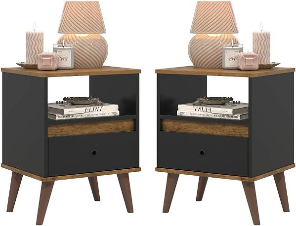 Conjunto 2 mesa de cabeceira retrô pés palitos 1 gaveta luxo -TED- Preto/nature
