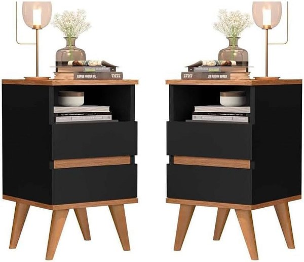 Conjunto Kit 2 Mesa De Cabeceira Retro Quarto Cama -Pop- Off/Nature (Preto/Nature)
