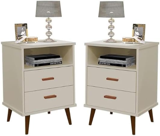 kit Mesas De Cabeceira Retrô Pés Palito Em Madeira Maciça 2 Gavetas e 1 Nicho - Pop - Off White