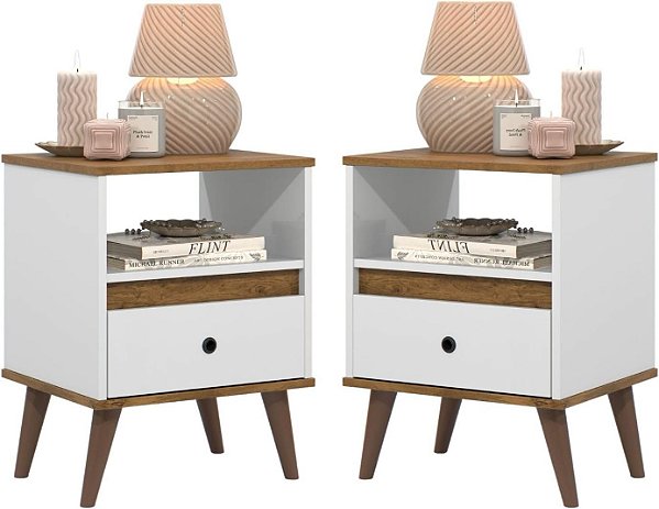 Conjunto 2 mesa de cabeceira retrô pés palitos 1 gaveta luxo -TED- Branco/Nature