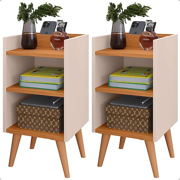 Mesas de Cabeceira Charme Compacta com Pés Retrô Nicho e Prateleira Conjunto com 2 Unidades (Off White/Cinamom