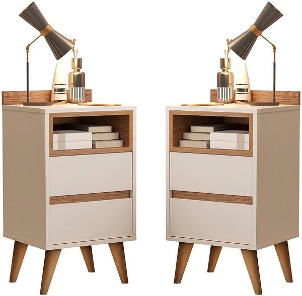 kit Mesas De Cabeceira Retrô Pés Palito Em Madeira Maciça 2 Gavetas e 1 Nicho - Pop - Off White/feijó