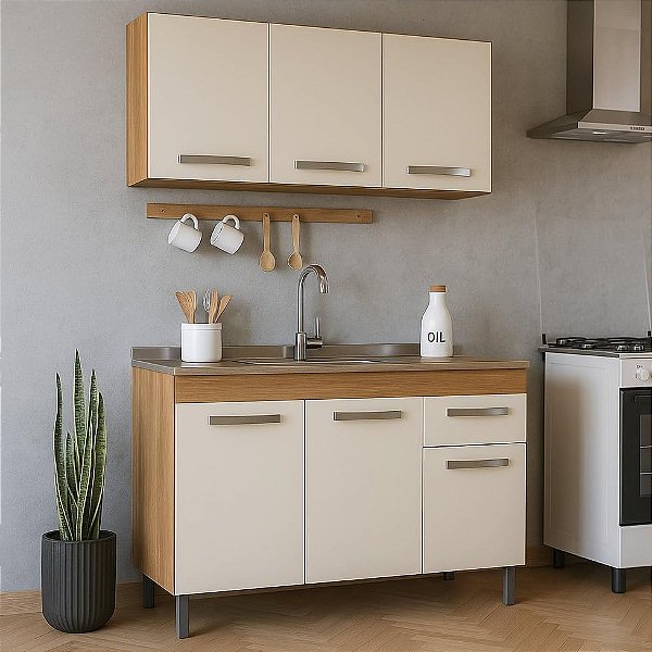Kit Cozinha 1,20m Balcão de Pia e Armário Aéreo 3 Portas com Divisória, Gabinete sem tampo (Freijó Off-White)