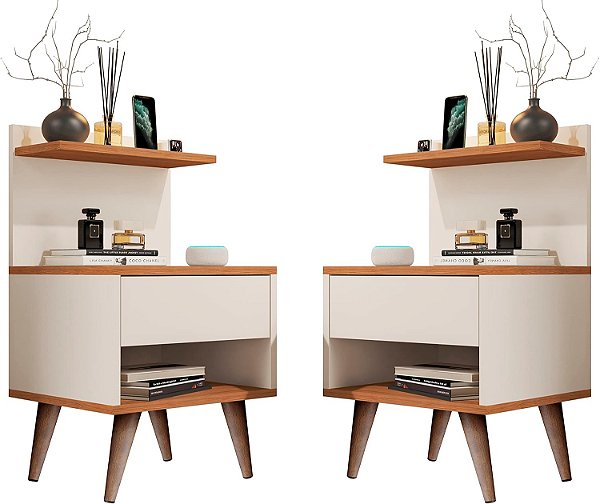 KIT 2 Mesas De Cabeceira Modelo Sleep Com Gaveta Pés Pinus Amadeirado - Quality Móveis (OffWhite-Nature)