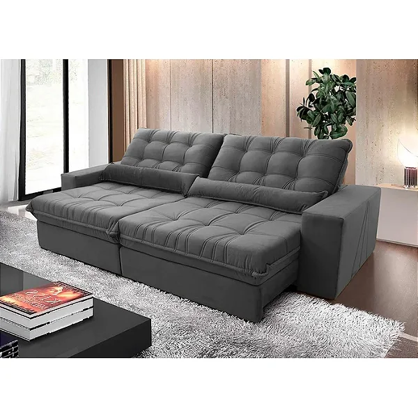 Sofá Retrátil/Reclinável Zurique 2,50M Suede Velut Cinza com Molas No Assento - King House Cinza