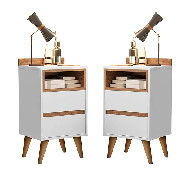 Kit 2 Mesa de cabeceira pés em madeira 2 gavetas -Alamo- CM - Branco/nature Branco/nature