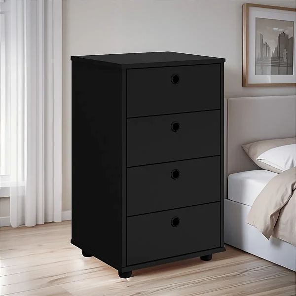 Gaveteiro Mesa De Cabeceira Cômoda Escritório 04 Gavetas Fosco Preto ML