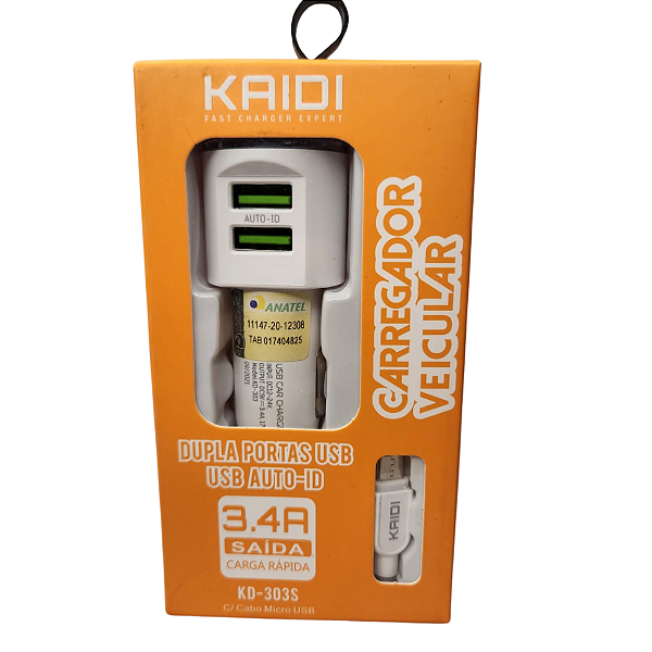 Carregador Veicular de Carregamento Rápido Kaidi KD-303A 3.4A  2 Entradas USB + Cabo Lightning(iOS)
