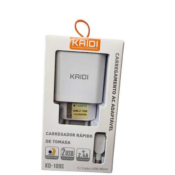 Carregador de Tomada Kaidi KD‑109S com 2 Entradas USB 2.4A + Cabo Micro USB