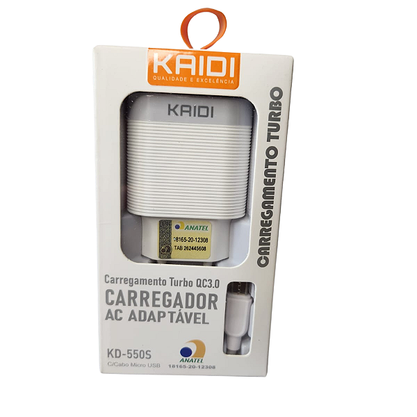 Carregador de Tomada Turbo Kaidi KD-550A com 1 Entrada USB 3A + Cabo Lightning(iOS)