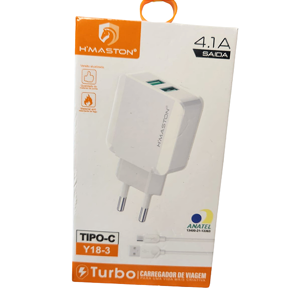 Carregador de Tomada Turbo H'Maston Y18-2 com 2 Entradas USB 4.1A + Cabo Lightning(iOS)
