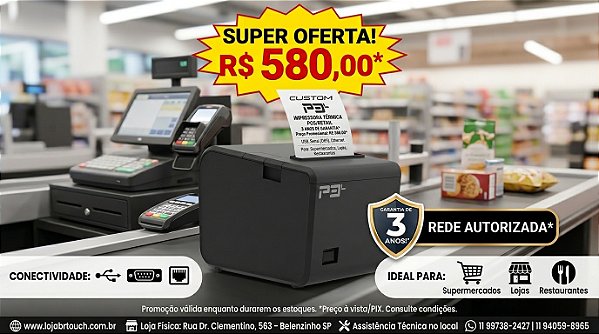 Impressora Térmica Custom P3L Rede/USB/Serial