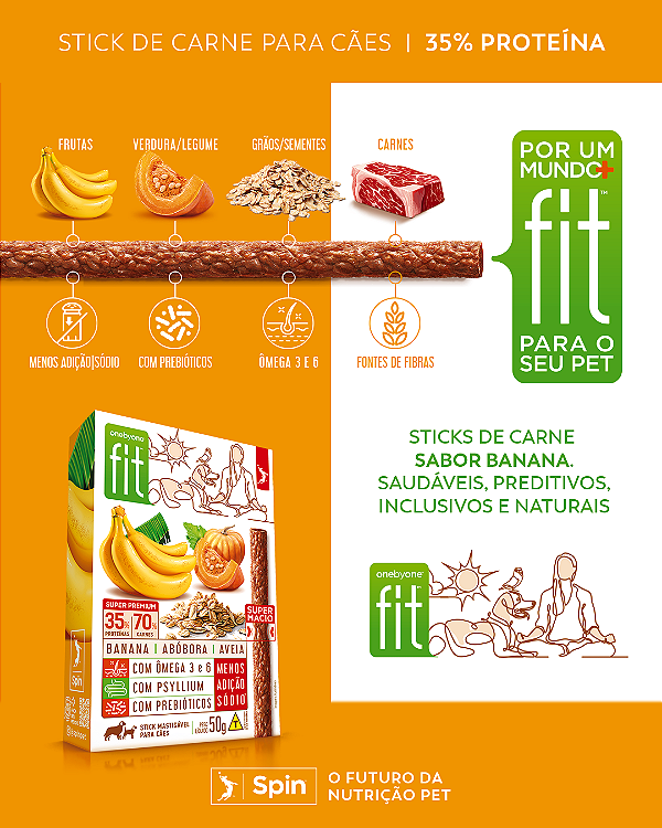 Petisco Stick Fit Spin Pet Sport p/ Cães 50g Mastigáveis Banana/Abobora/Aveia