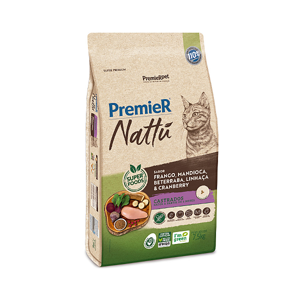 Ração Premier Nattu p/Gatos Adultos Castrados Mandioca 7,5 Kg