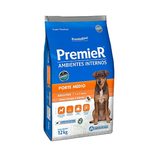 Ração Premier Ambientes Internos p/ Cães Adultos Porte Médio 12 kg