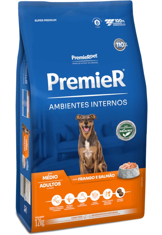 Ração Premier Ambientes Internos p/ Cães Adultos Porte Médio 12 kg
