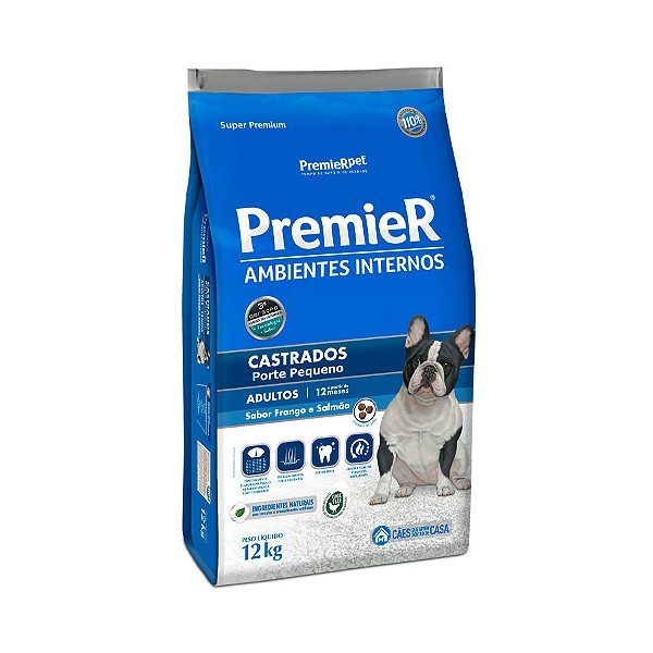 Ração Premier Ambientes Internos p/ Cães Adulto Castrados Porte Pequeno Frango e Salmão 12 kg