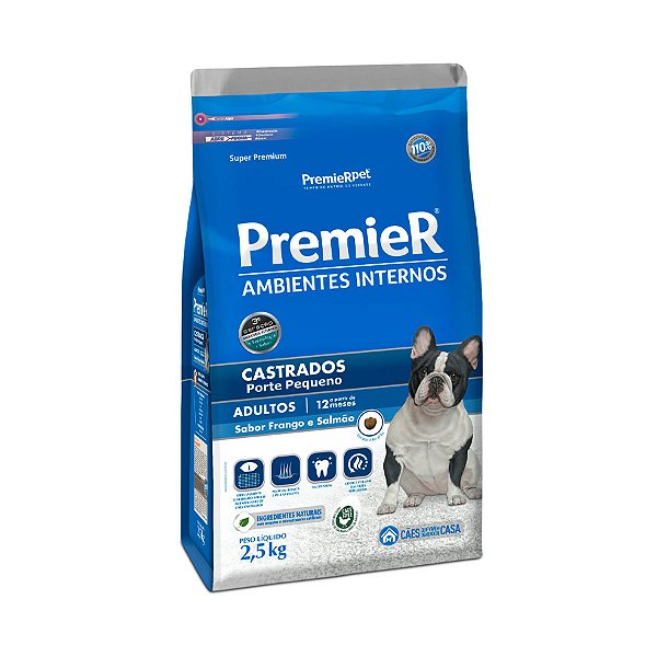 Ração Premier Ambientes Internos p/ Cães Castrados Frango e Salmão 2,5 kg