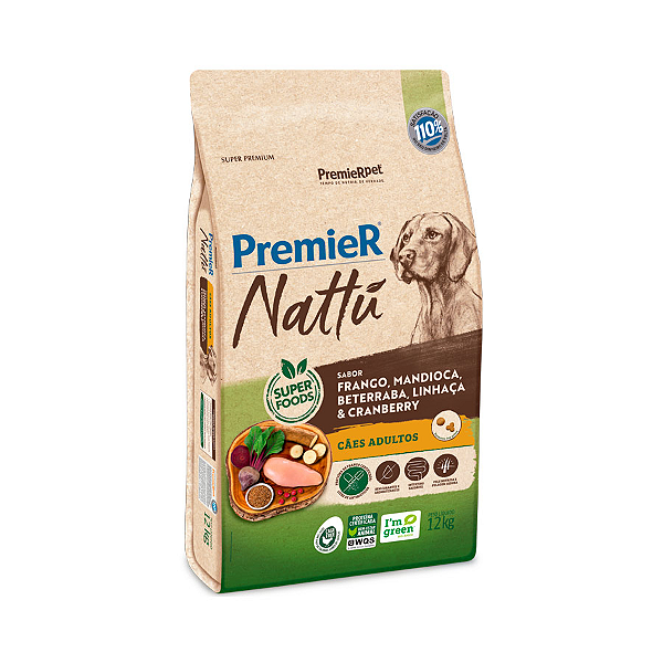 Ração Premier Nattu Cães Adulto Porte Médio Grande  Frango Mandioca 12 kg.