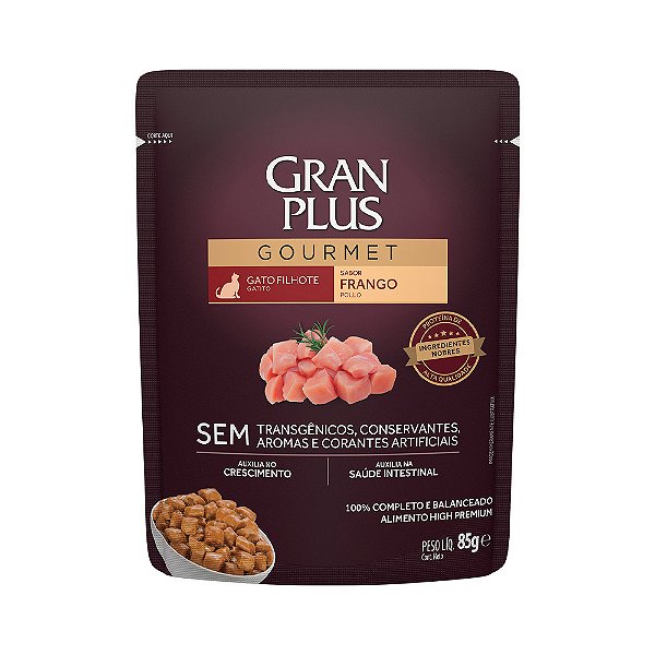 Ração Úmida Gran Plus Gourmet Gato Filhote Sabor Frango Sachê 85g