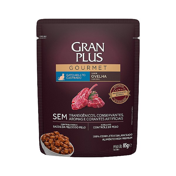 Ração Úmida Gran Plus Gourmet Gatos Castrado Ovelha Sachê 85 g