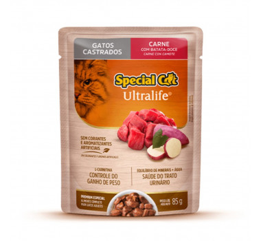 Ração Úmida Special Cat Ultralife Gatos Castrados Carne c/ Batata-Doce Sachê 85 g