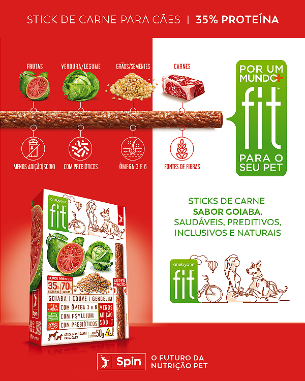 Petisco Stick Fit Spin Pet Sport p/ Cães 50g Mastigáveis Goiaba/Couve/Gergilim