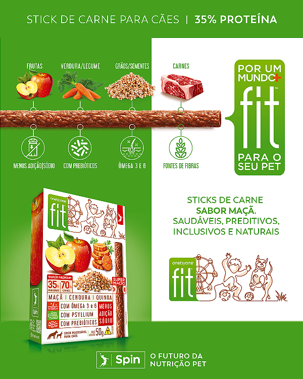 Petisco Stick Fit Spin Pet Sport p/ Cães 50g Mastigáveis Maça/Cenoura/Quinoa