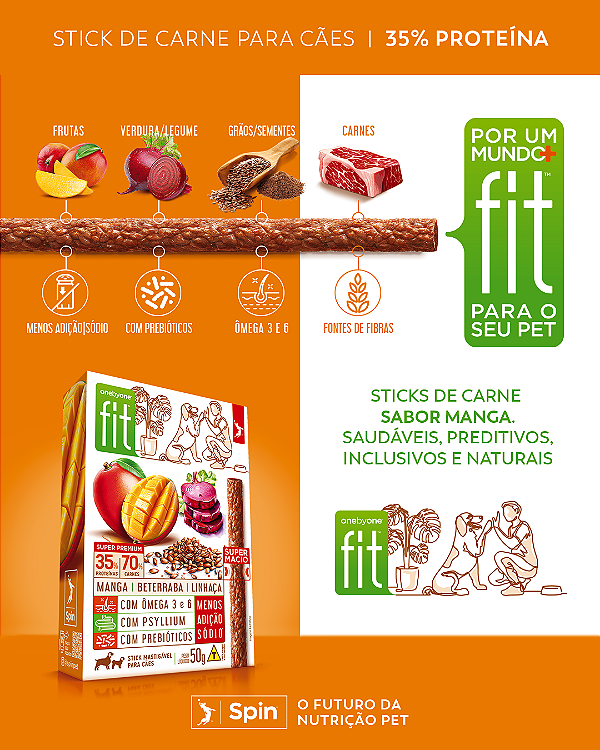 Petisco Stick Fit Spin Pet Sport p/ Cães 50g Mastigáveis Manga/Beterraba/Linhaça