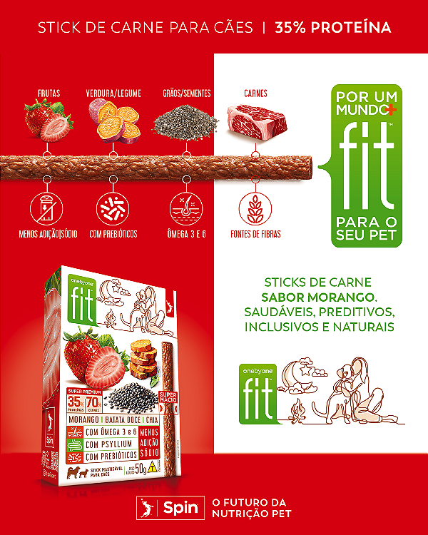 Petisco Stick Fit Spin Pet Sport p/ Cães 50g Mastigáveis Morango/Batata Doce/Chia
