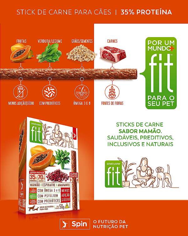 Petisco Stick Fit Spin Sport p/ Cães 50g Mastigáveis Mamão/Espinafre/Amaranto